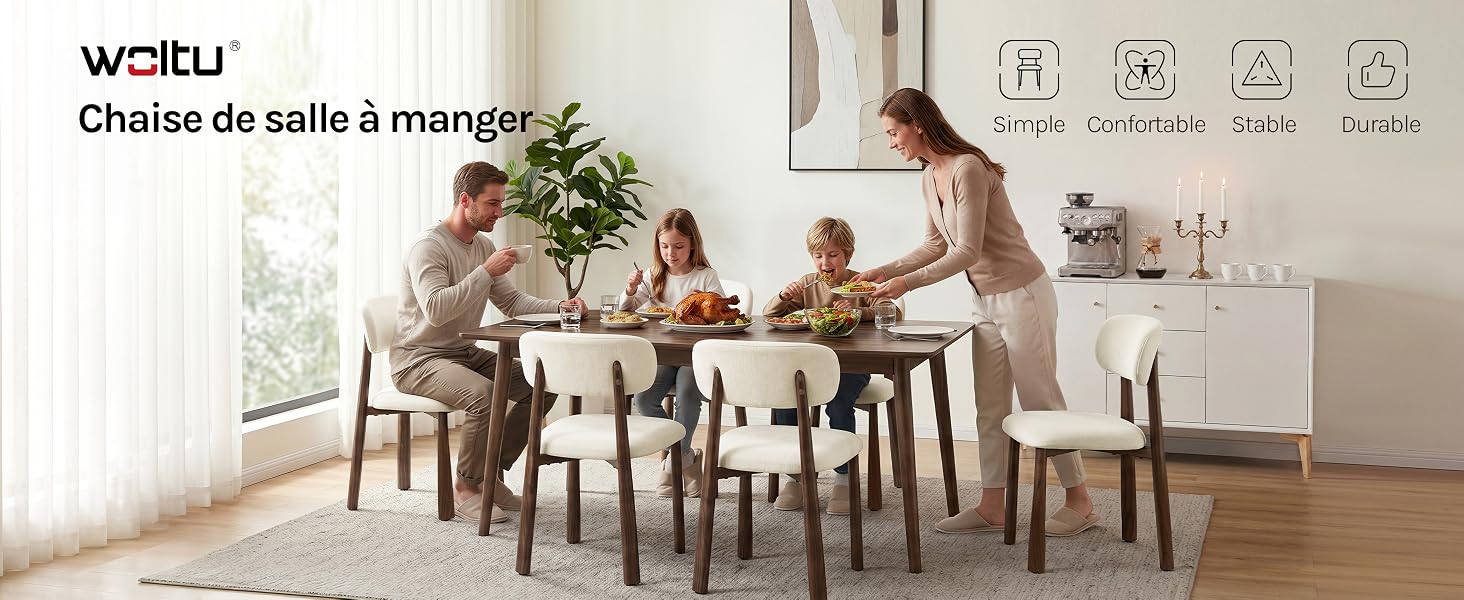 Le texte indique « waifu » et « Chaise de salle à manger ». Scène intérieure montrant des meubles de salle à manger avec une table et des chaises, avec des icônes utilitaires affichées au-dessus.
