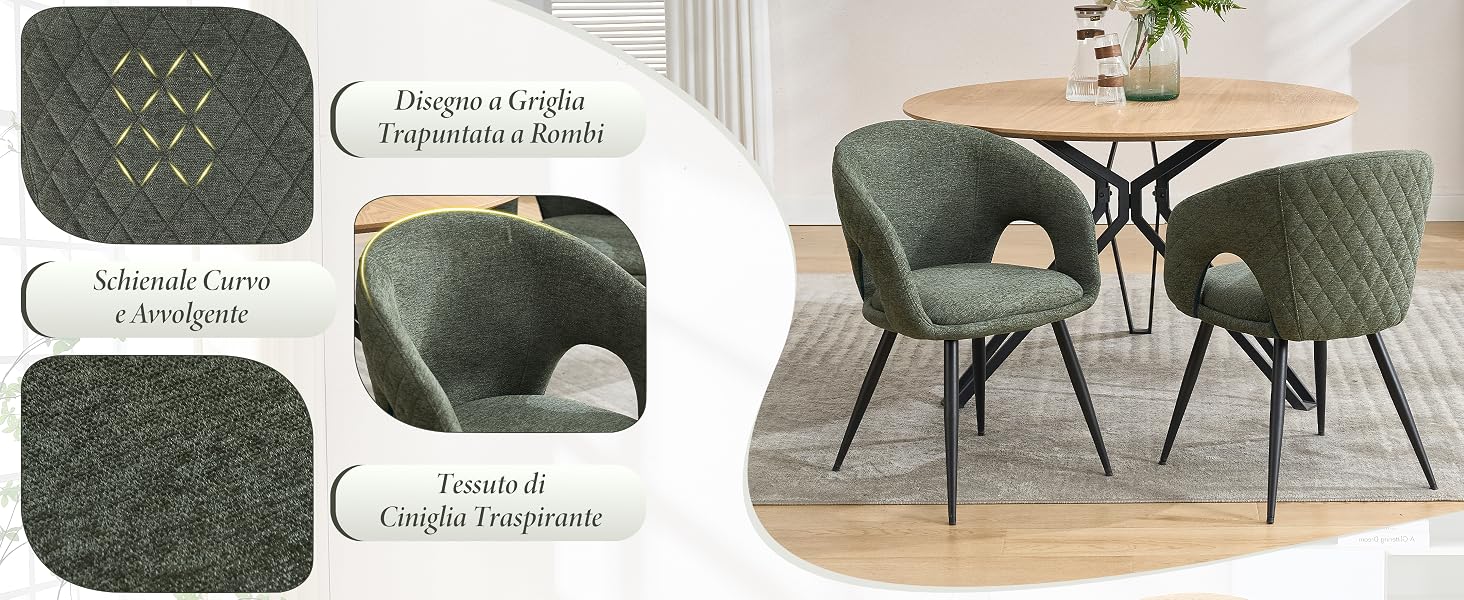 Collezione di sedie moderne con sedili imbottiti verde oliva con schienali arrotondati e gambe in metallo, mostrati da più angolazioni.