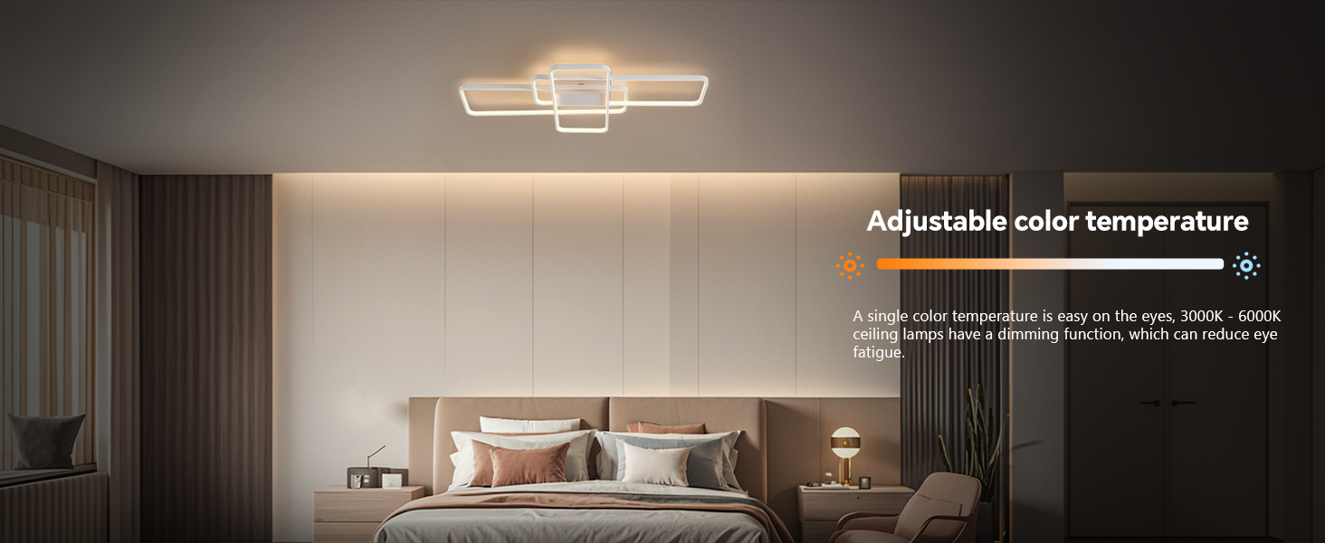 Moderne LED-Deckenleuchte im Schlafzimmer mit einstellbarer Farbtemperatur. Die Leuchte hat ein geometrisches Design mit miteinander verbundenen Quadraten, die ein warmes Licht über dem Bett ausstrahlen