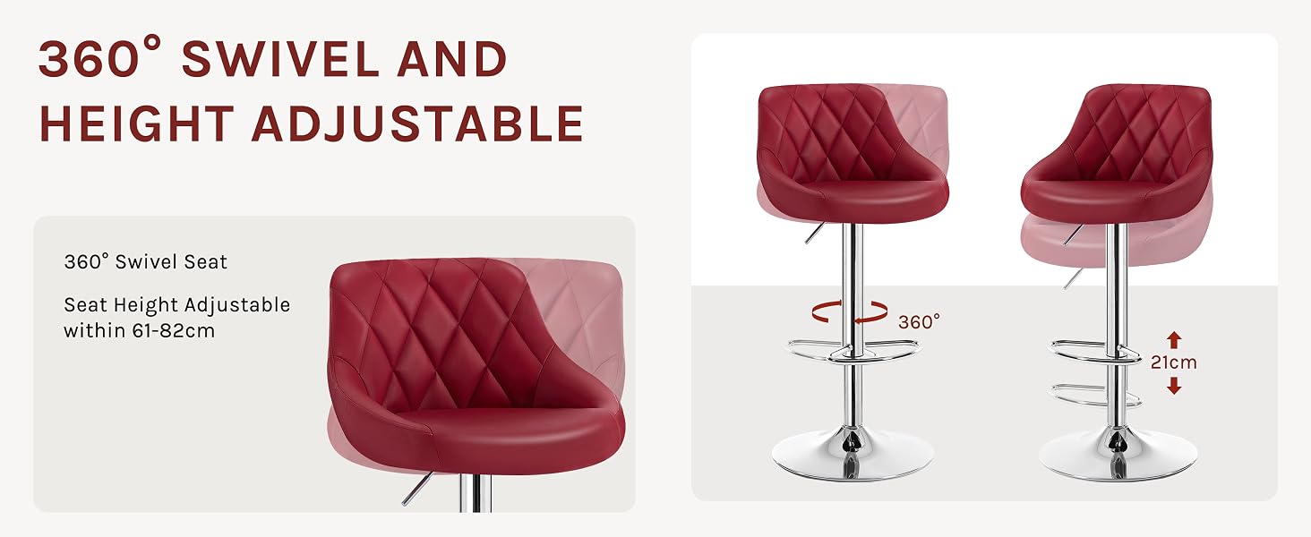 Red bar stools with quilted upholstery, featuring 360-degree swivel and height adjustment. Chrome base with footrest. Three views show single stool and pair demonstrating rotation and height change.