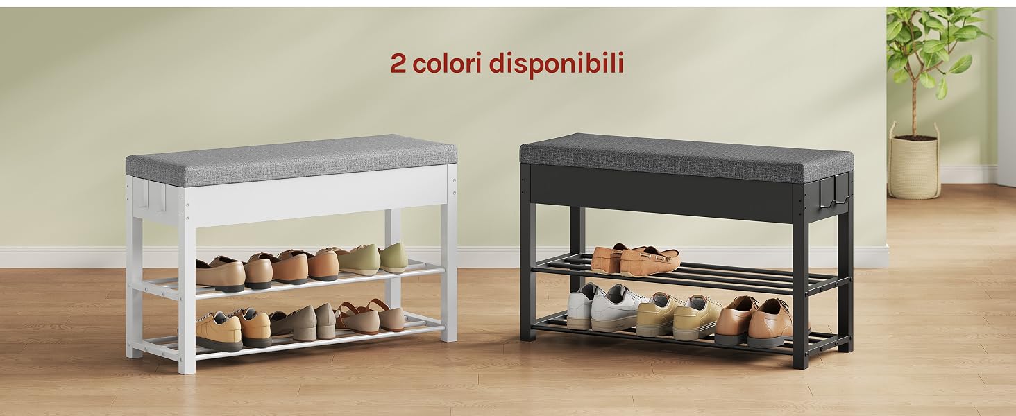 Il testo dice «2 colori disponibili». Panca portaoggetti o scarpiera a due livelli disponibile nelle varianti bianche e nere con ripiani aperti per riporre oggetti.