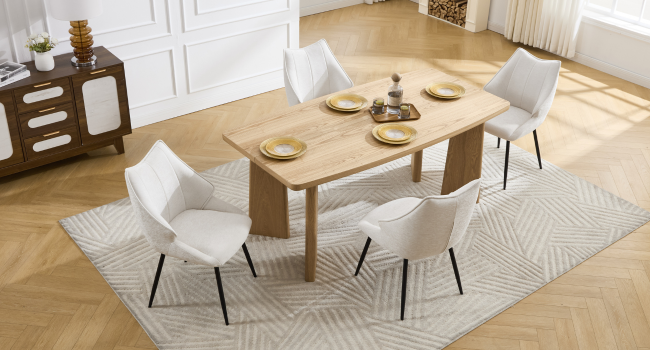 Modern dining room interior featuring white upholstered chairs around wooden table, shown from multiple angles in well-lit setting.
