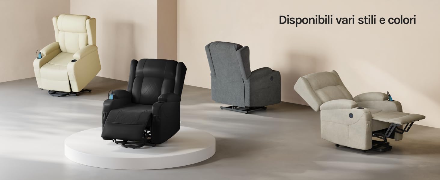 Esposizione di quattro poltrone reclinabili in diversi colori - beige, nero e grigio - che mostrano