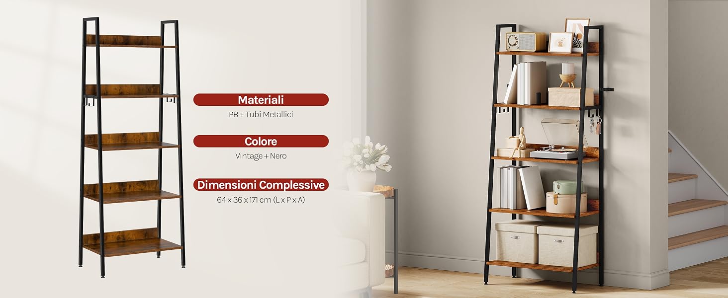Scaffale a 3 ripiani in legno e metallo in stile industriale mostrato da più angolazioni, con ripiani rustici marroni e struttura in metallo nero.