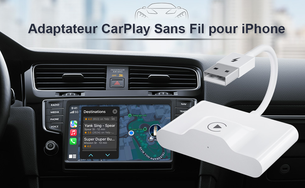 Adaptateur CarPlay sans Fil pour iPhone, Adaptateur Voiture sans Fil iPhone Carplay