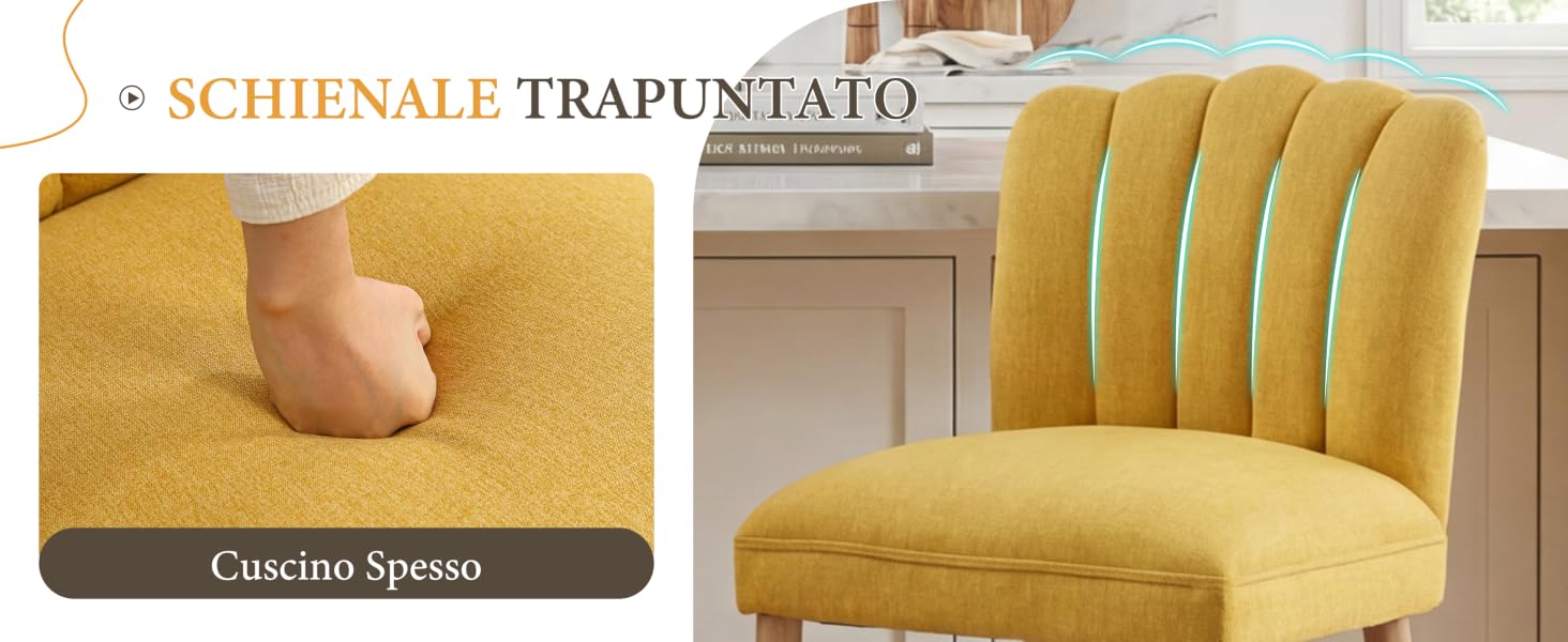 Il testo recita «e SCHIENALE TRAPUNTATO», «Cuscino Spesso». Viste multiple della sedia o del divanetto trapuntato giallo con schienale curvo.