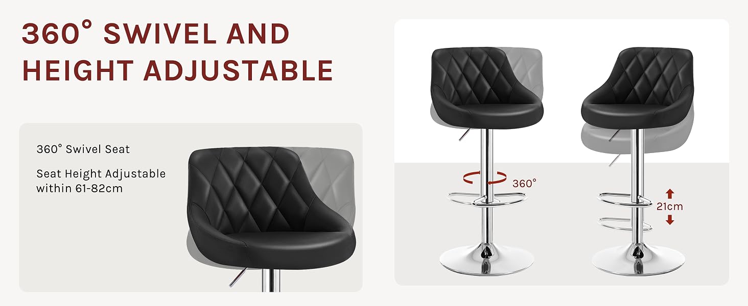 Black leather bar stools with quilted seats, 360-degree swivel, and height-adjustable chrome bases. Three views show single stool and adjustability features.