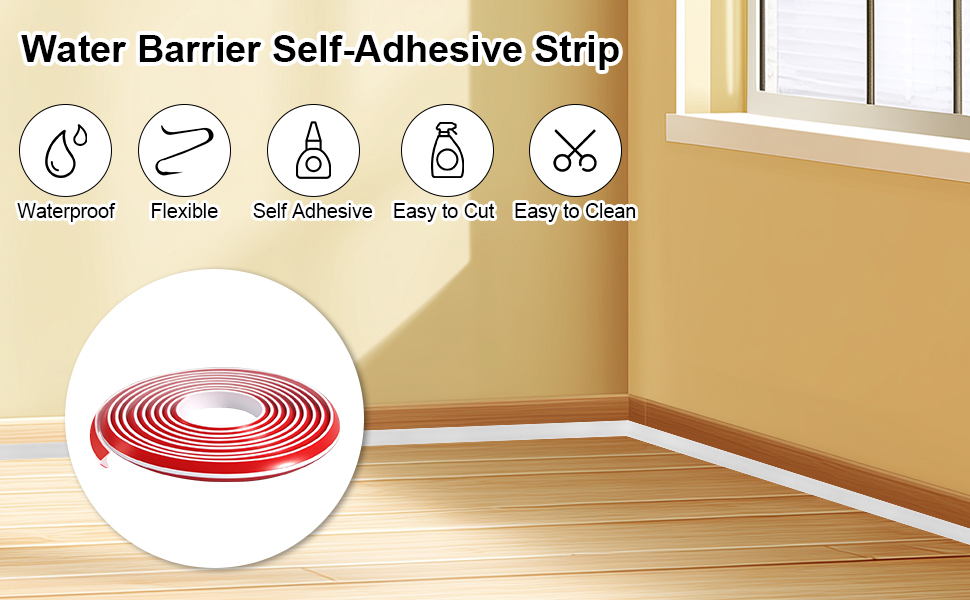 Text reads 'Water Barrier Self-Adhesive Strip'. Product demonstration showing installation of clear or white adhesive strip along what appears to be floor or wall edges.
