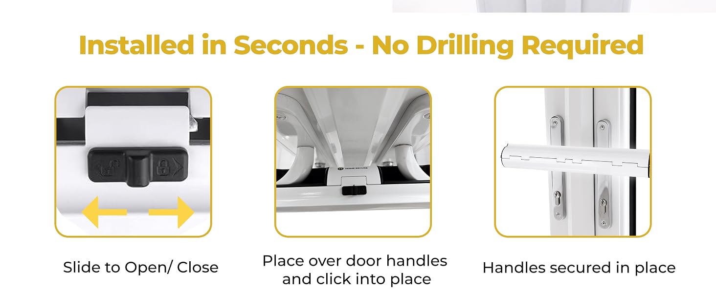 Text reads: 'Installed in Seconds - No Drilling Required'. Installation guide showing step-by-step process with arrows and visuals for mounting hardware.