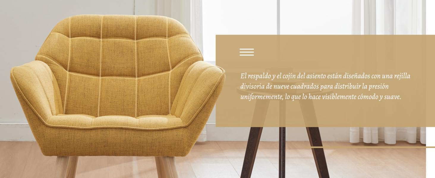 Sillón lujoso de color amarillo con tapicería canalizada y diseño curvo moderno, colocado contra una pared blanca con iluminación natural desde la ventana.