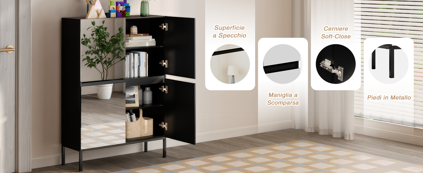 Spazio commerciale o ufficio interno con pareti bianche minimaliste e pavimenti lucidi. Schemi tecnici dei prodotti visibili sul display.