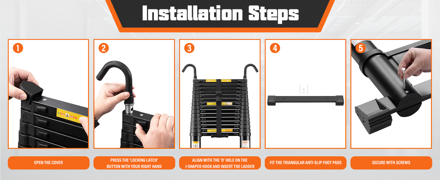 Le texte indique « Étapes d'installation ». Guide d'instructions à cinq panneaux présentant les étapes séquentielles d'installation d'un appareil, avec des mains illustrant chaque action.
