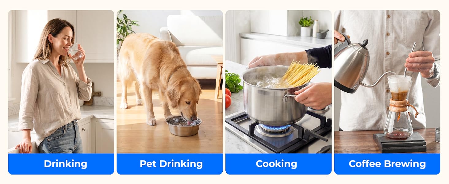 Composite à quatre panneaux montrant les utilisations de la préparation des boissons : boire (femme avec tasse), boire pour animaux de compagnie (chat avec bol), cuisiner (casserole sur la cuisinière), préparer du café (carafe en verre avec filtre).