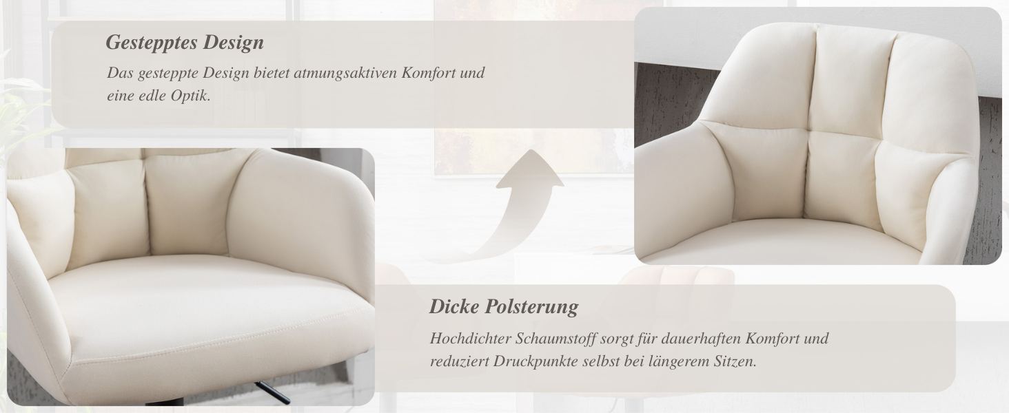 Cremefarbener Polstersessel mit geschwungener Rückenlehne und dicker Polsterung. Das geteilte Bild zeigt eine Detailansicht der getufteten Rückenlehne und des vollständigen