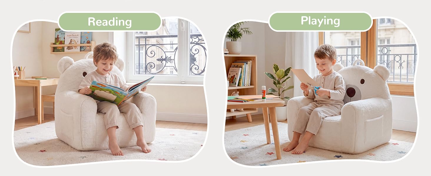 Two rounded cream-colored bean bag chairs shown in bright living room settings. Left image labeled 'Reading' shows child seated reading book. Right image labeled 'Playing' shows child on chair with toy. Versatile furniture for children's activities.
