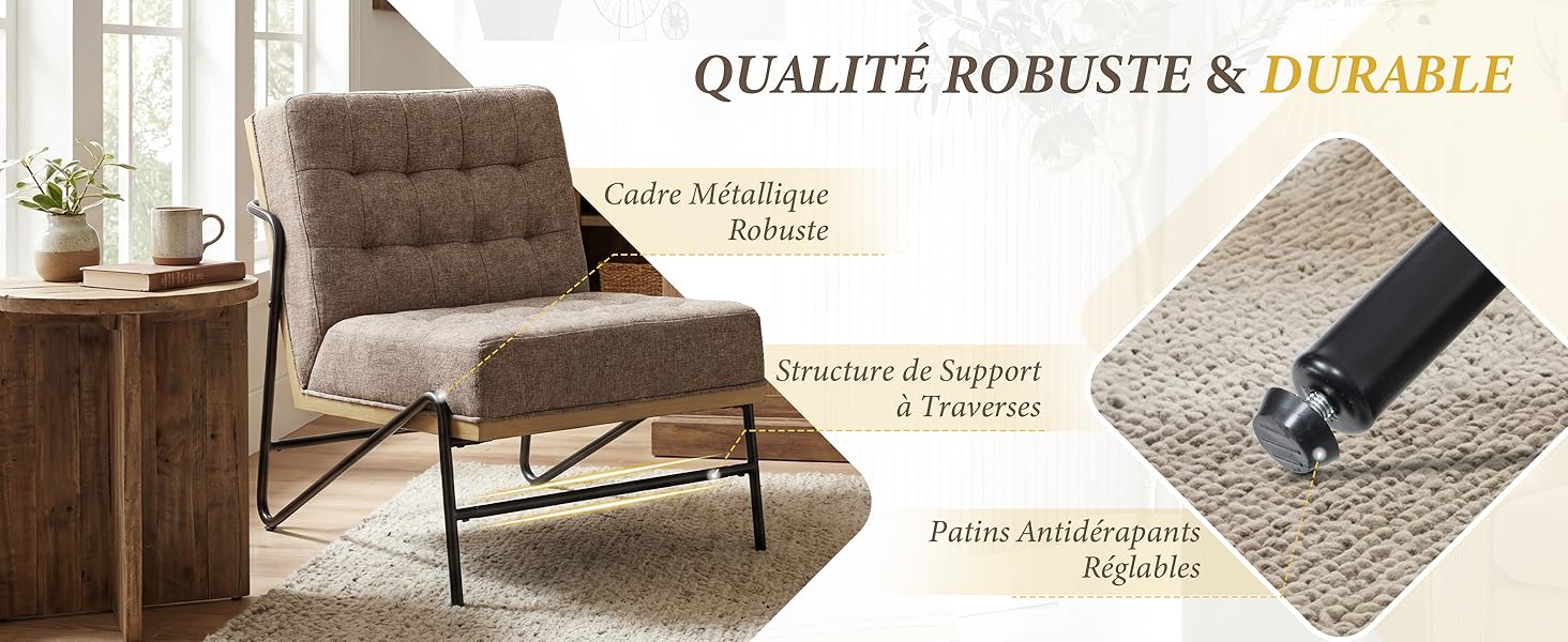Le texte indique « QUALITÉ ROBUSTE &amp; DURABLE » avec « Chêne Mikrograin » et « Chêne Massif ». Chaise rembourrée grise avec structure en bois présentée avec des échantillons de tissu.