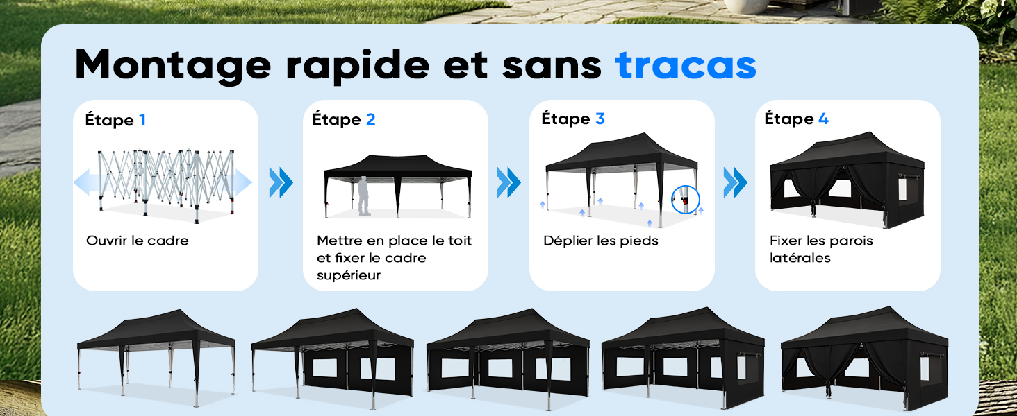 Le texte se lit comme suit : « Montage rapide et sans traces ». Schéma d'assemblage étape par étape montrant la progression de la construction de la tente ou de l'abri en format silhouette.