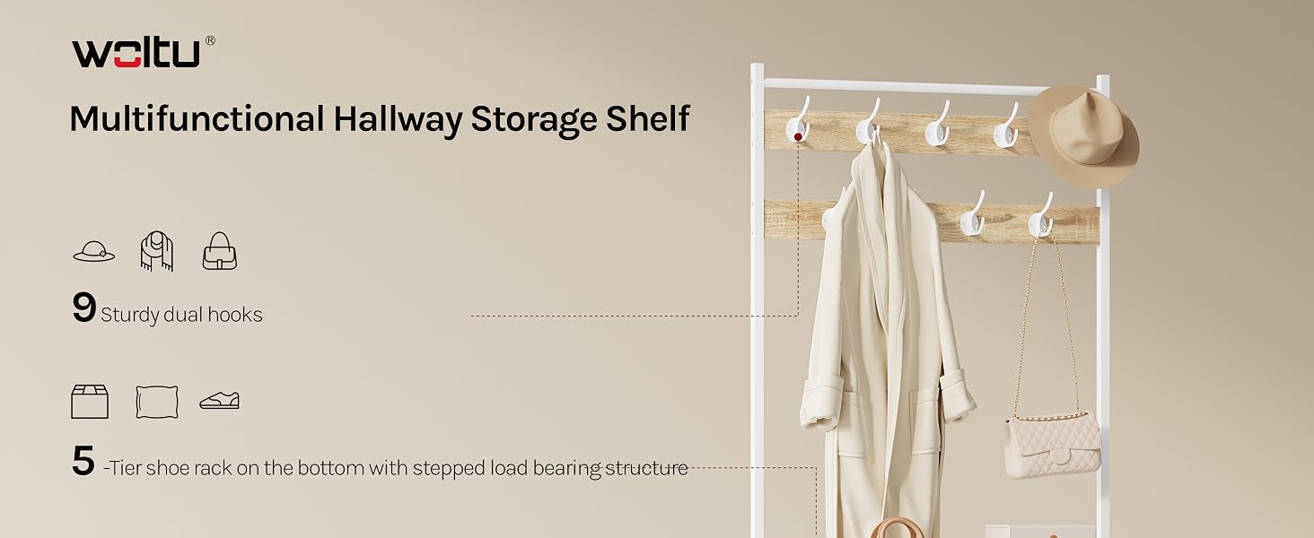 Text reads 'WRTU Multichannel Hallway Storage Shelf' with product specifications shown. White metal wall-mounted shelving unit with rope storage baskets and hanging hooks in minimalist entryway setting.