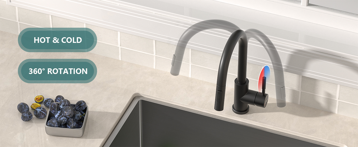 Text reads 'HOT &amp; COLD' and '360° ROTATION'. Kitchen faucet installation image showing black dual-handle faucet mounted on sink with temperature indicators.