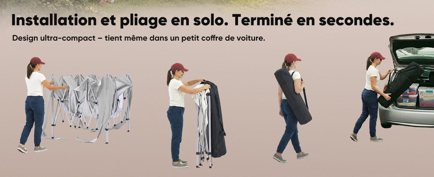 Le texte se lit comme suit : « Installation et pliage en solo. Terminé en secondes. » Schéma pédagogique montrant le processus d'assemblage de meubles étape par étape avec des figures simplifiées.