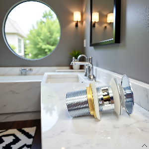A serene bathroom setting with a modern copper sink and a view of a lush garden through a large wind