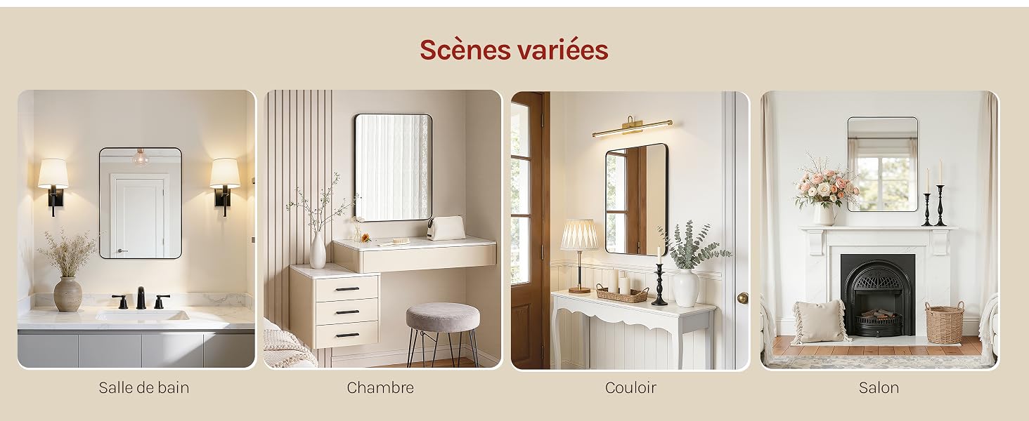 Le texte « Scarves variées » montre quatre maquettes de chambres de design d'intérieur avec des palettes de couleurs neutres comprenant des miroirs, des meubles et des arrangements de décoration intérieure dans des tons beiges et blancs.
