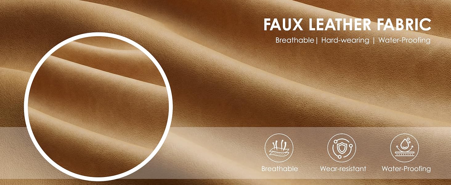 Text reads 'FAUX LEATHER FABRIC'. Close-up detail showing tan/caramel-colored faux leather texture with circular magnified section. Includes care icons below.