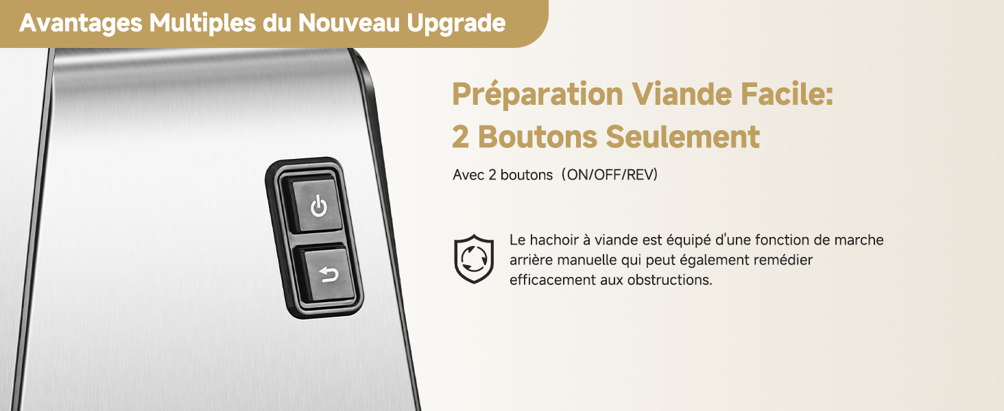 à deux boutons, étiqueté pour la préparation de la viande. Le texte met en évidence la facilité d'utilisation et les fonctionnalités de nettoyage efficaces.