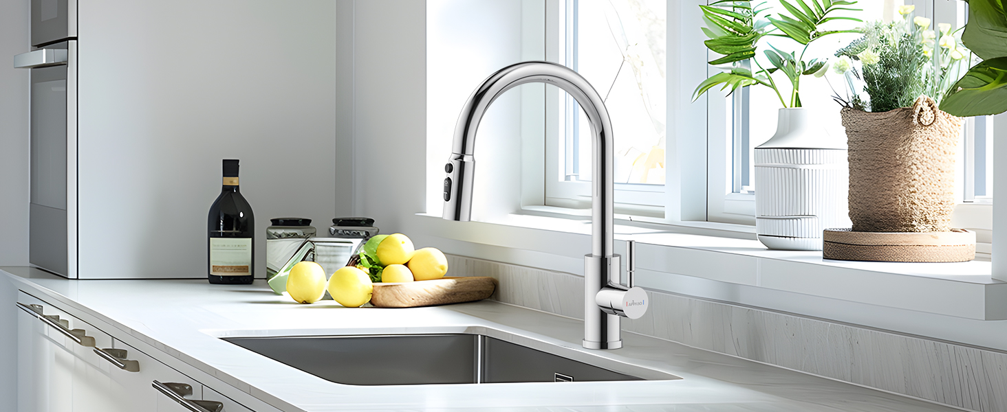 Modern kitchen interior featuring stainless steel sink with gooseneck faucet, white countertops, and windowsill with plants and lemons.