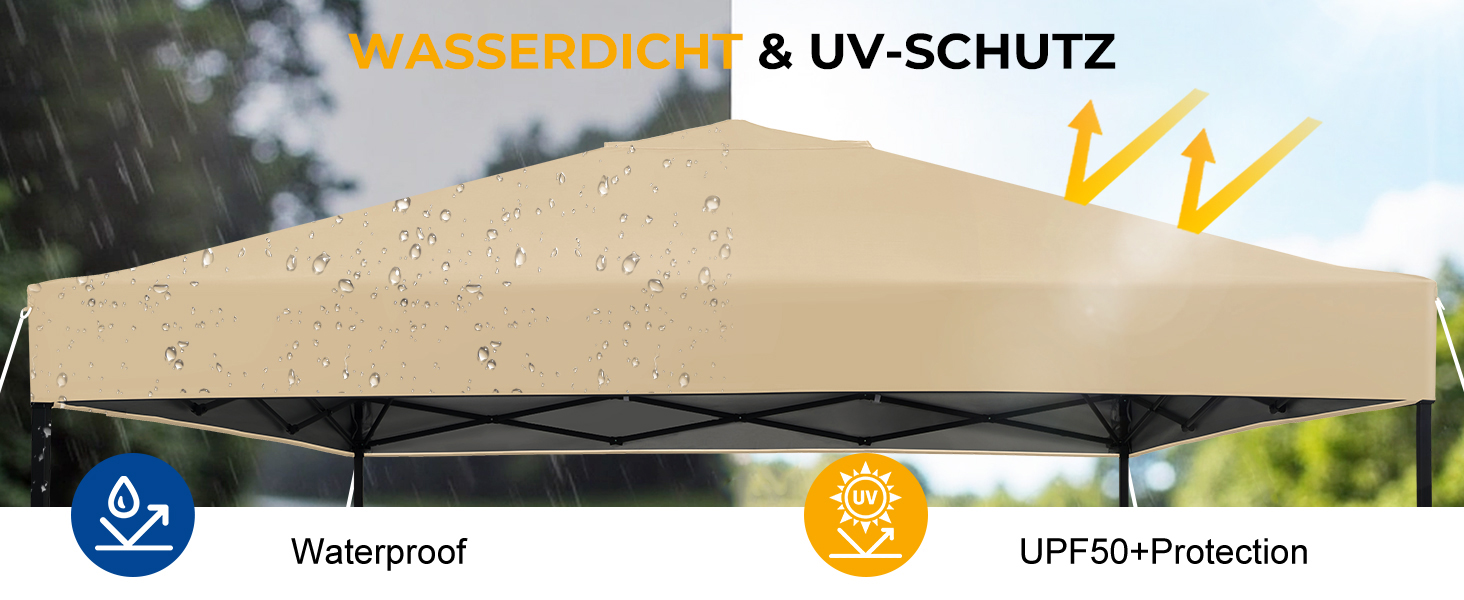 Der Text lautet „WASSERDICHT &amp; UV-SCHUTZ“ mit Symbolen, die die Spezifikationen „Waterproof“ und „UPF50+ Protection“ für Produktmerkmale im Außenbereich anzeigen.
