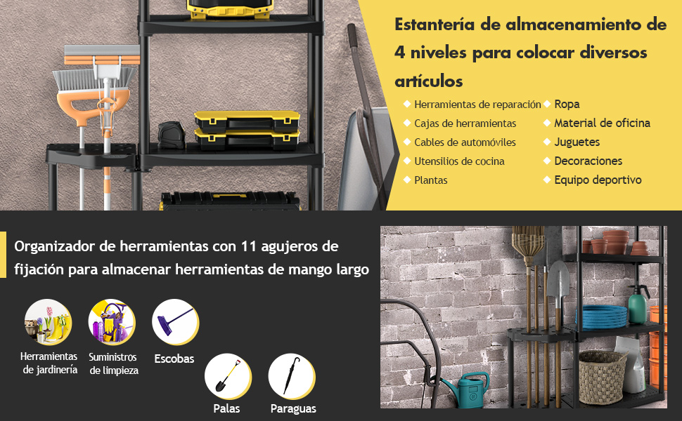  Estantería de Garaje de 4 Niveles con Organizador de Herramientas
