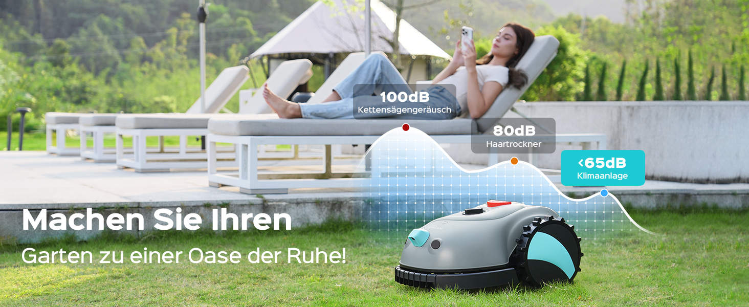 Der Text lautet „Machen Sie Uhren“. Szene im Freien, die aufblasbare oder tragbare Möbel zeigt, die auf Gras stehen, mit Freizeiteinrichtung.