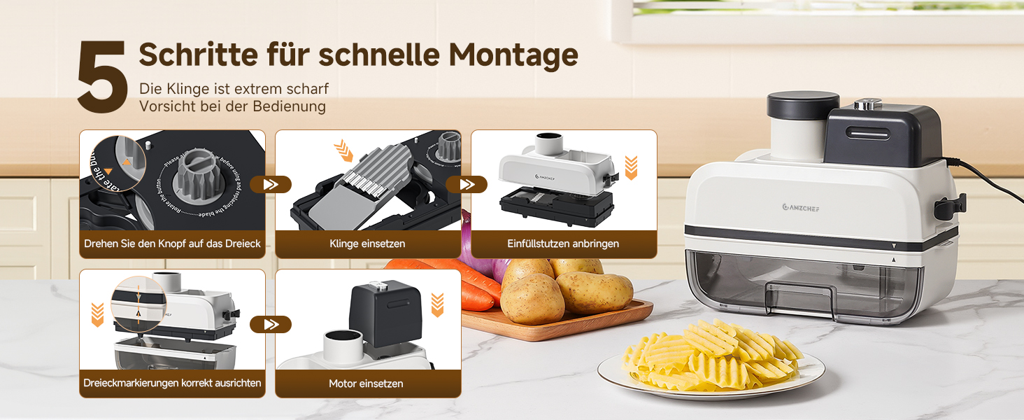 Der Text lautet „5 Schritte für schnelle Montage“. Schrittweise Montageanleitung für ein Waffeleisen, die den Einrichtungsvorgang und die fertige Waffel zeigt.