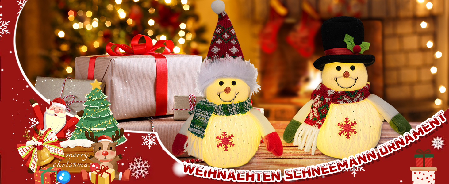 Weihnachtsdeko mit zwei lächelnden Schneemannfiguren, einem verpackten Geschenk und einem kleinen Weihnachtsbaum. El interior es cálido, luminoso y tiene un ambiente festivo.