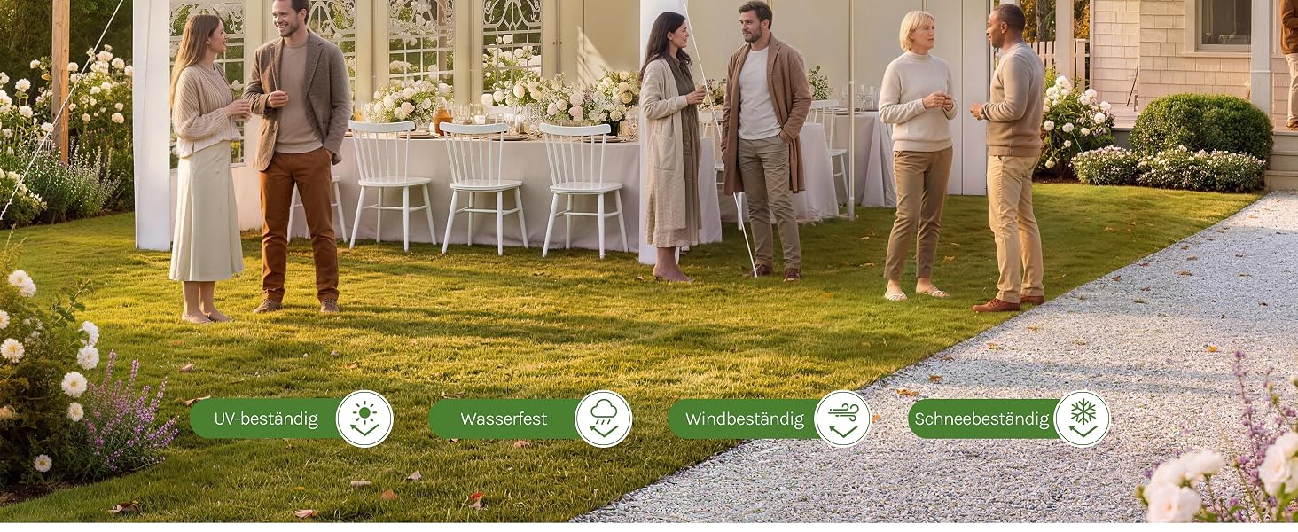 Gartenpartyszene im Freien mit Menschen, die in der Nähe von weißen Stühlen und Tischen stehen, mit kreisförmigen Symbolanzeigen unten, die die Veranstaltungskategorien anzeigen.