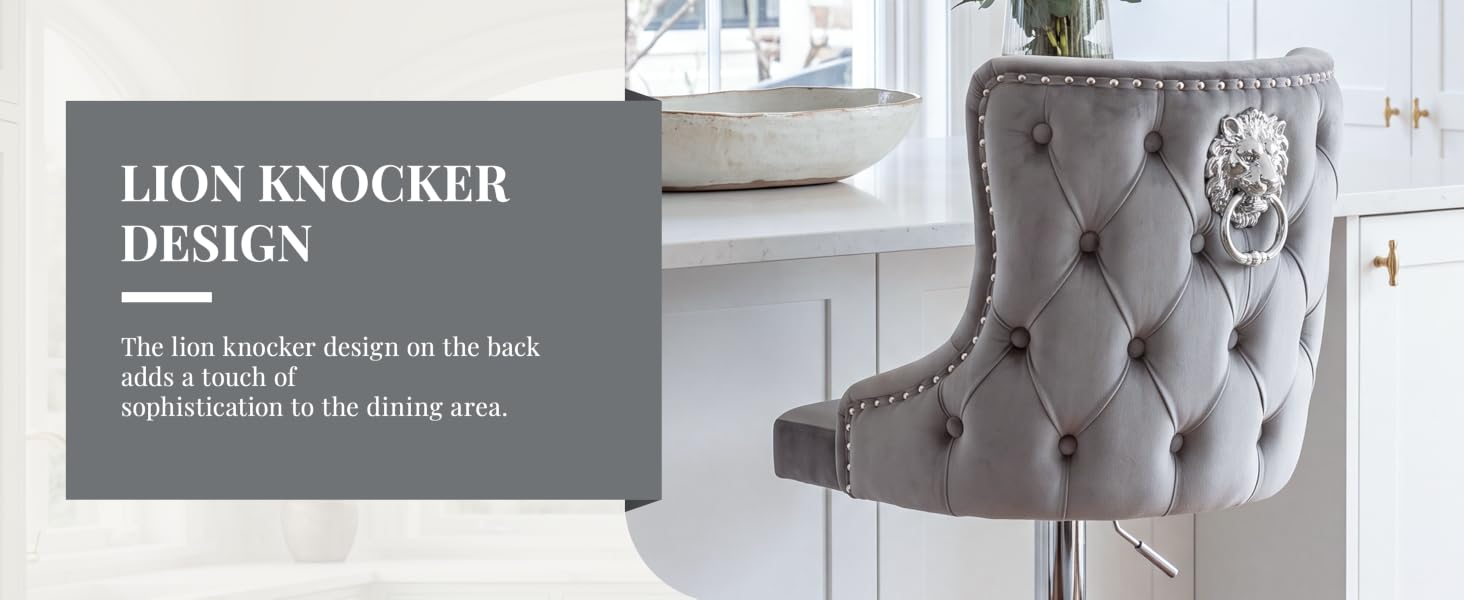 Text reads: 'LION KNOCKER DESIGN' and additional descriptive text below. Gray upholstered armchair with tufted backrest and curved arms displayed in bright interior space.