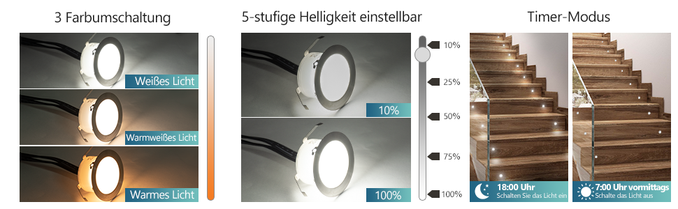 présentant les réglages d' éclairage réglables d' un luminaire circulaire, avec des niveaux de luminosité et une démonstration d' un éclairage activé par le mouvement dans un escalier