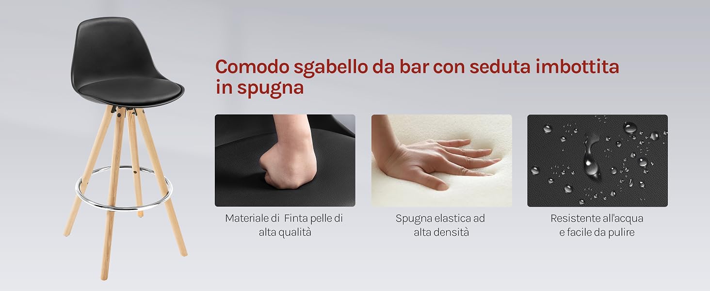 Sgabello da bar nero con seduta imbottita e gambe in legno. Quattro pannelli mostrano i dettagli del cuscino: distribuzione della pressione, memory foam e superficie resistente all'acqua