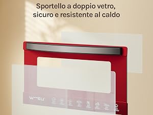 Interfaccia dell'elettrodomestico da cucina che mostra un elemento di design rosso con pannello bianco e piccole icone in basso.