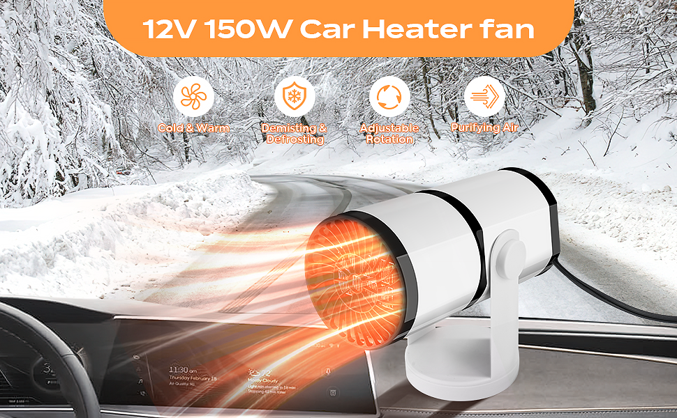 Chauffage Voiture Portable 12V 2 En 1 - Désembuage 360°, Ventilateur - Branchement Allume-cigare - Pour Hiver Et été