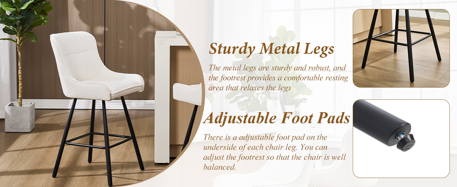 Text reads 'Sturdy Metal Legs' and 'Adjustable Foot Pads'. Series of product images showing bar stool legs with metal construction and adjustable feet for stability.