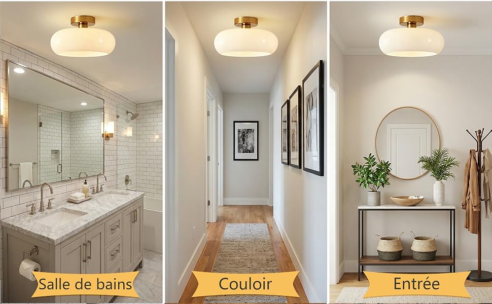 Le texte se lit comme suit : « Salle de bains », « Couloir », « Entrée ». Trois photos intérieures montrant les espaces de la salle de bain, du couloir et de l'entrée, chacune avec un plafonnier encastré identique.