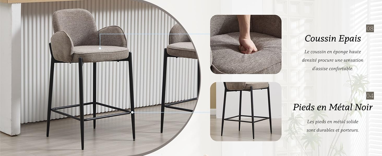 Le texte indique « Chaises Paris ». Tabourets de bar modernes avec dossiers incurvés et cadres métalliques présentés en plusieurs vues sur fond blanc.