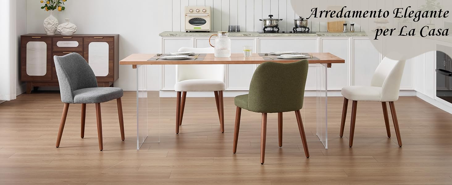 Il testo recita «Immagine 6, Arredamento Elegante per La Casa». Moderna disposizione dei mobili per sala da pranzo che mostra più sedie attorno a un tavolo di legno.