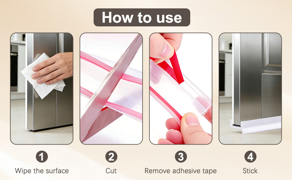 Text reads 'How to use' followed by step-by-step installation instructions showing wiping surface, cutting, removing adhesive tape, and sticking process.