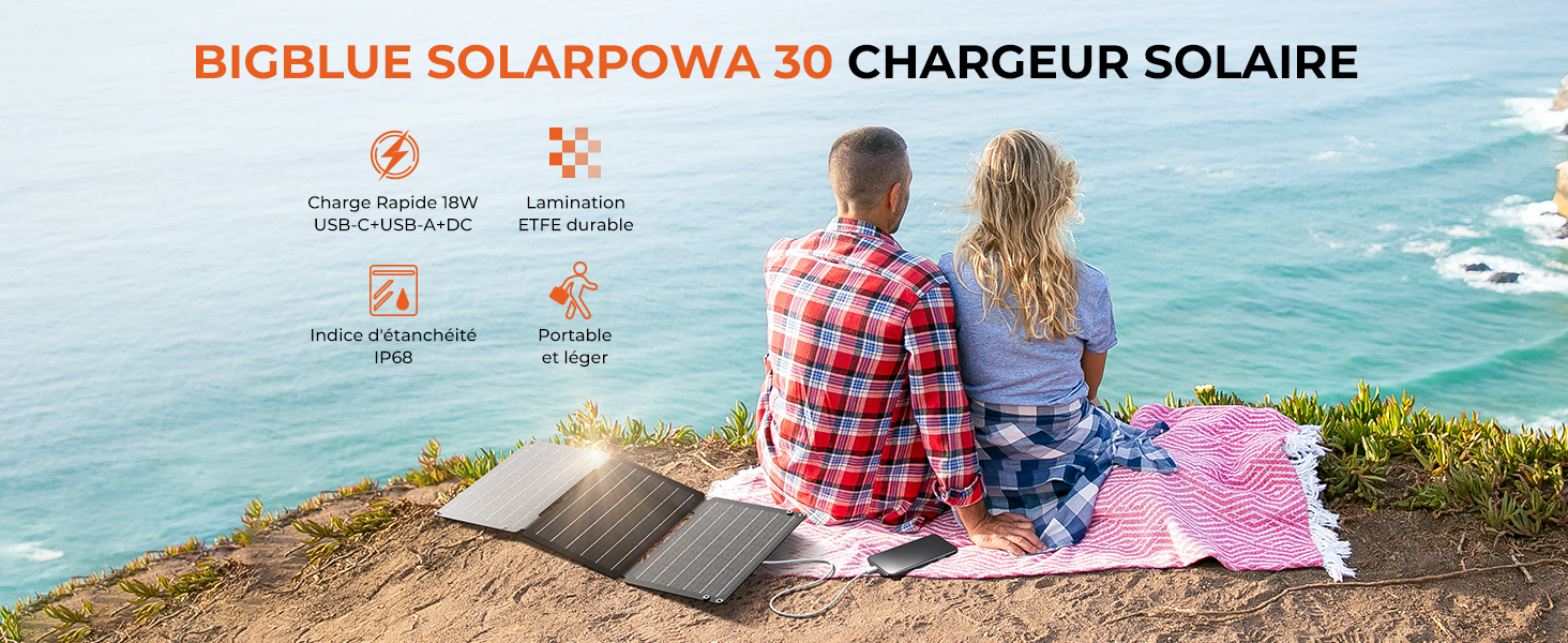 présenté avec un couple sur une falaise surplombant l'océan. Les caractéristiques du produit incluent une charge rapide, une conception légère, une efficacité élevée et une résistance à l'eau.