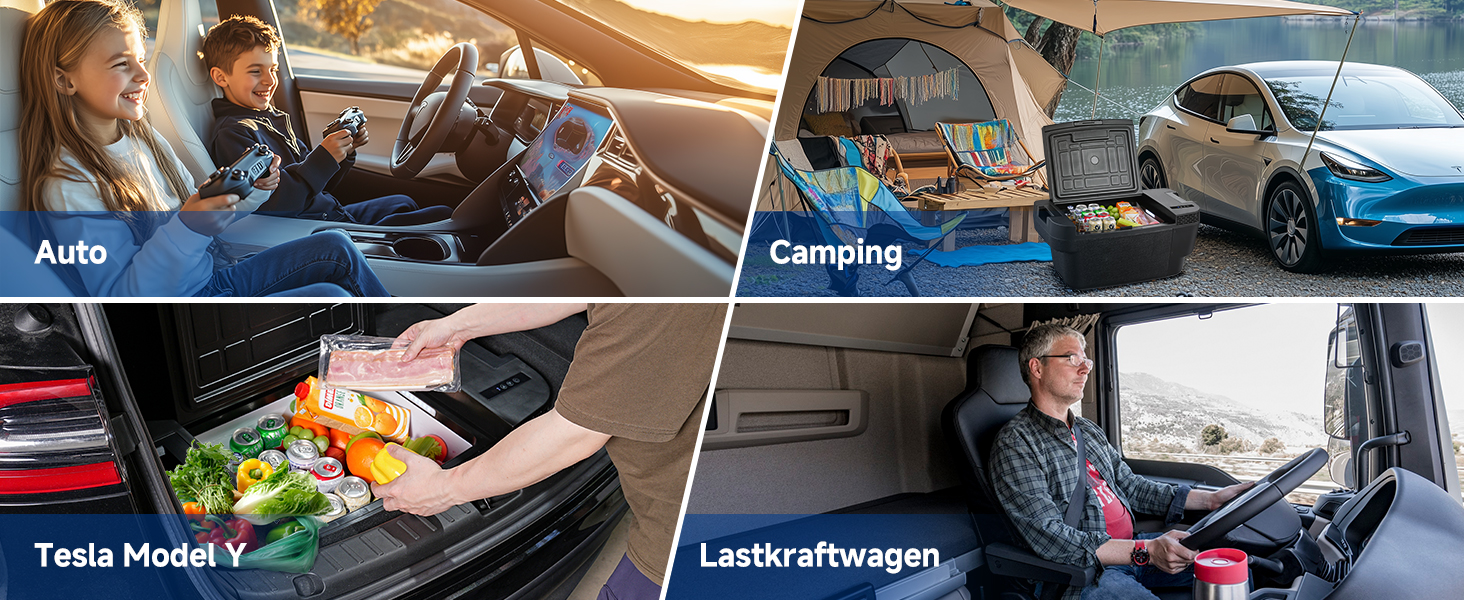 Zusammengesetzt aus vier Bildern, die den Innenraum eines Elektrofahrzeugs, die Einrichtung des Campingplatzes, den Kofferraum mit Lebensmitteln und die Person zeigen, die ein großes Fahrzeug fährt, und die mit verschiedenen Nutzungsszenarien beschriftet