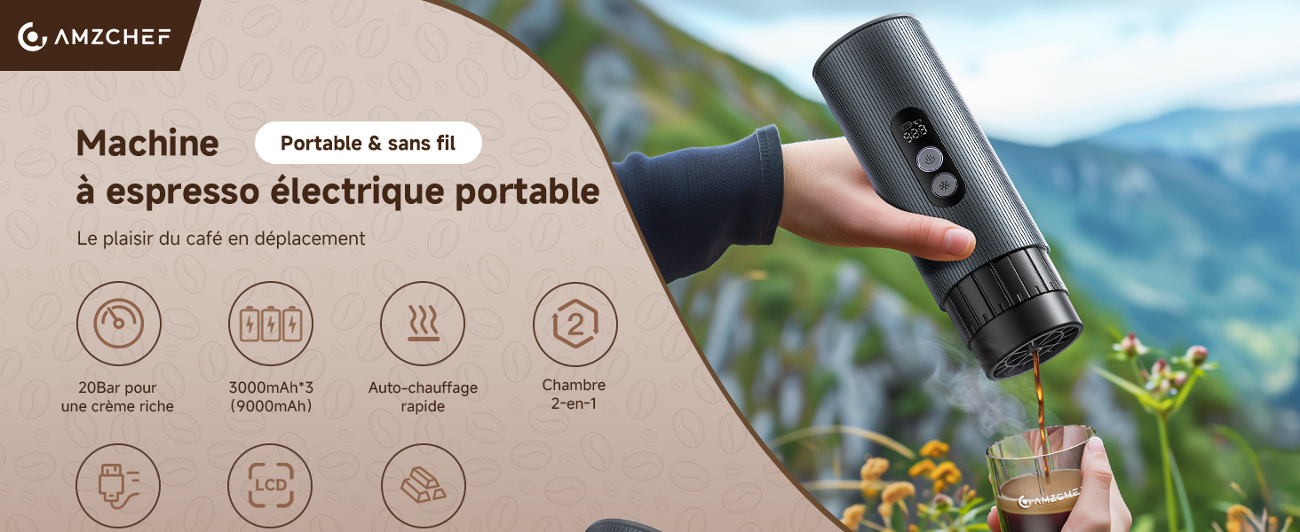 Le texte indique « Machine à espresso électrique portable ». Bannière de présentation de produits présentant une machine à expresso portable avec des icônes indiquant diverses caractéristiques sur un fond extérieur.