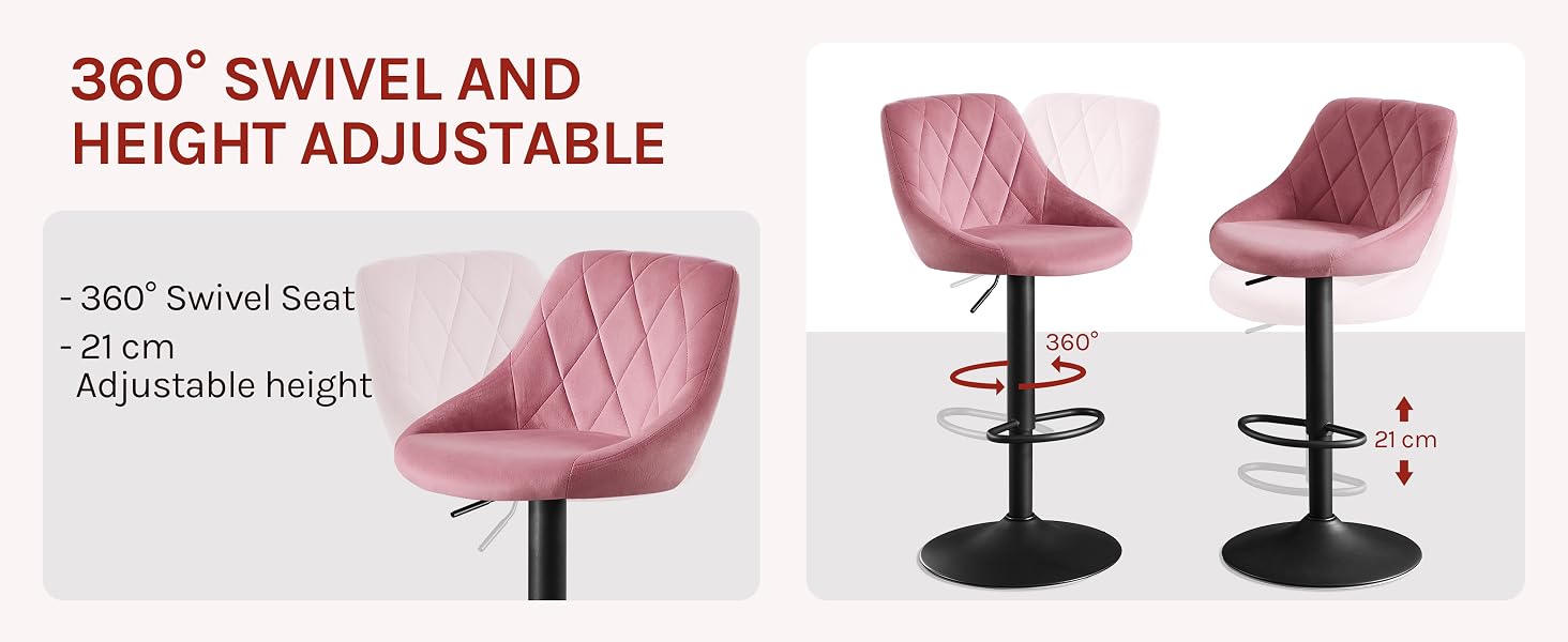 Pink upholstered bar stools with quilted diamond pattern. Features 360° swivel and height adjustment. Black circular base. Multiple views show swivel and height adjustment capabilities.