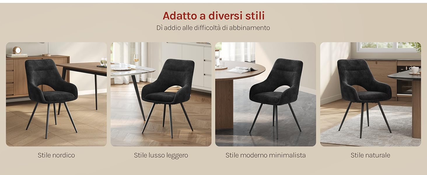 Il testo recita «Adatta a diversi ambienti di studio e lavoro», «Cai sedia», «Dik sedia figurato», «Cai sedia nero seta», «Di serie x». Quattro sedie da ufficio moderne in tessuto nero imbottito con struttura e ruote in metallo, disponibili in diversi ambienti di lavoro.